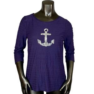 Talbots Nautical Long Sleeve Tee Women's Size Small Petite Navy Sequins Anchor